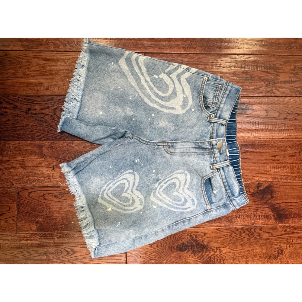 OH Jeans Women Blue Heart Print Denim Shorts whimy streetwear Frayed Hem Size S